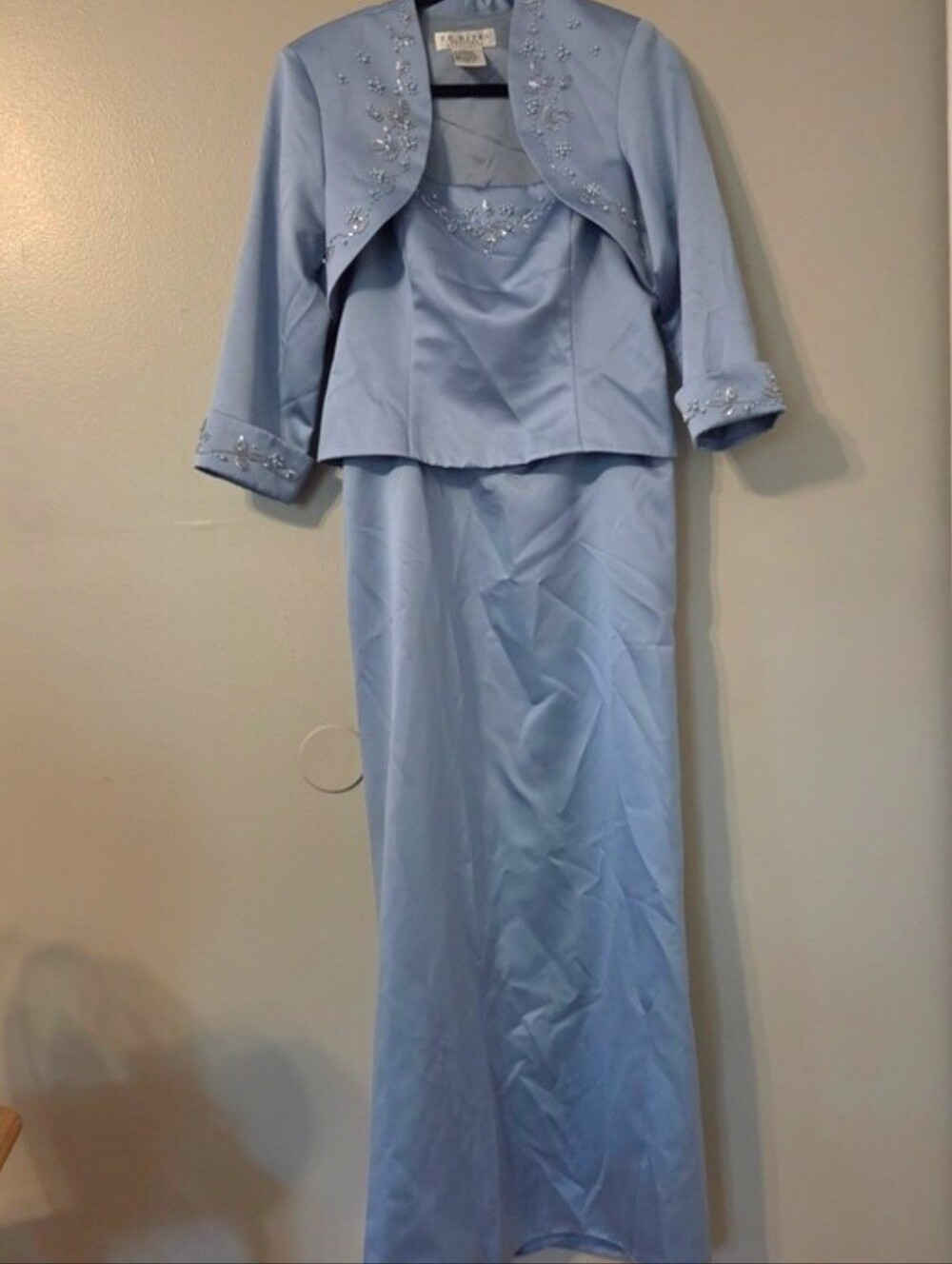 J.R. Nites VTG Y2K Regency Dress Set Blue Satin Beaded Maxi Bolero 2pc Sz 12P